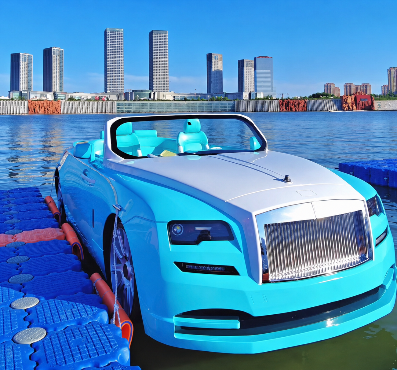 Custom Miami jet car — turquoise Rolls-style convertible on the marina